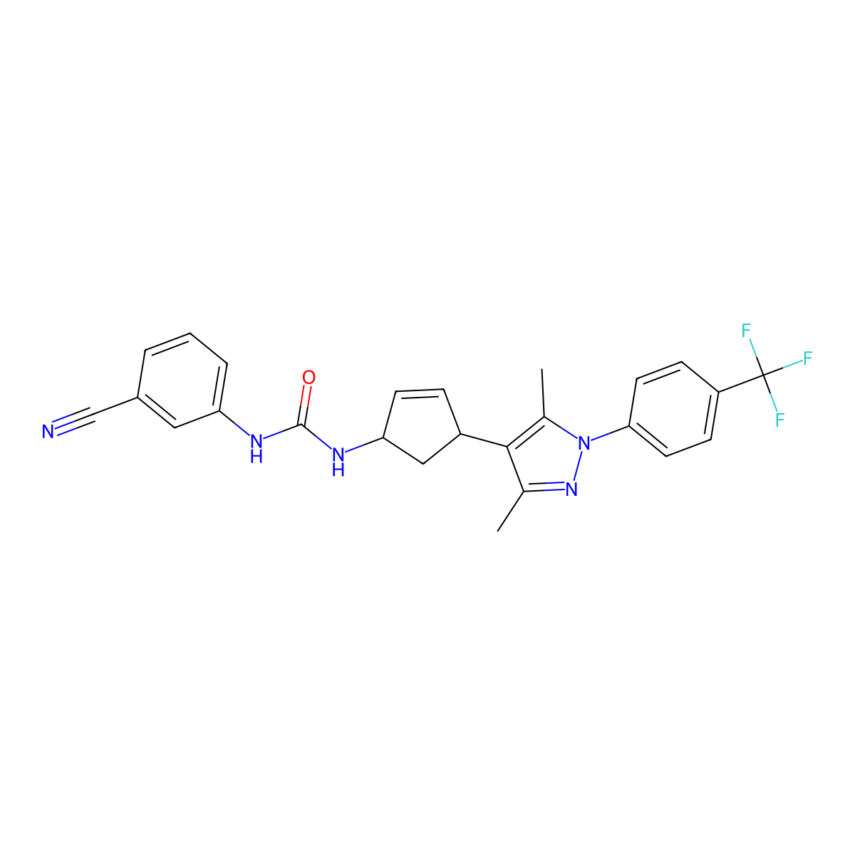 1-(3-Cyanophenyl)-3-((1S,4S)-4-(3,5-dimethyl-1-(4-(trifluoromethyl)phenyl)-1H-pyrazol-4-yl)cyclopent-2-en-1-yl) Urea molecular structure, CAS 1175961-96-2