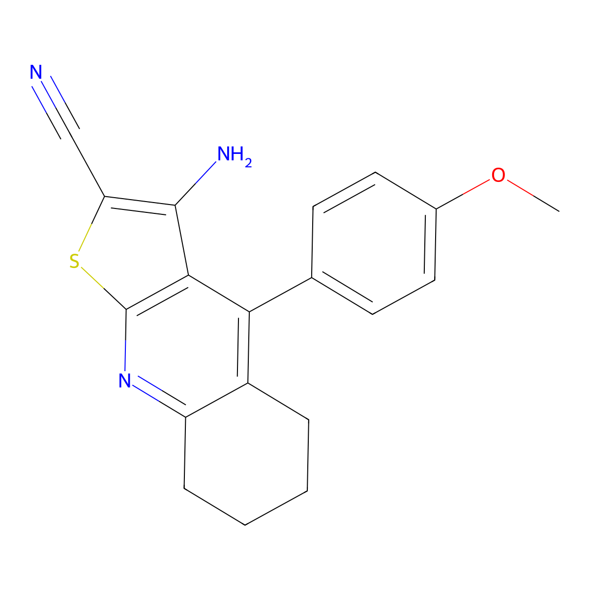 3-Amino-4-(4-methoxyphenyl)-5,6,7,8-tetrahydrothieno[2,3-b]quinoline-2-carbonitrile molecular structure, CAS 117601-31-7