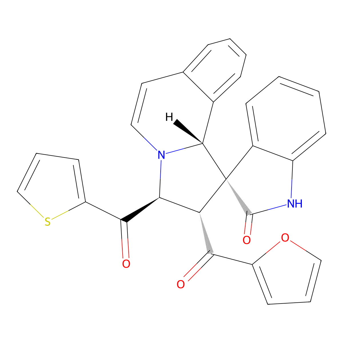 (2'S,3S,3'S,10'bR)-2'-(furan-2-carbonyl)-3'-(thiophene-2-carbonyl)spiro[1H-indole-3,1'-3,10b-dihydro-2H-pyrrolo[2,1-a]isoquinoline]-2-one molecular structure, CAS 1176474-26-2