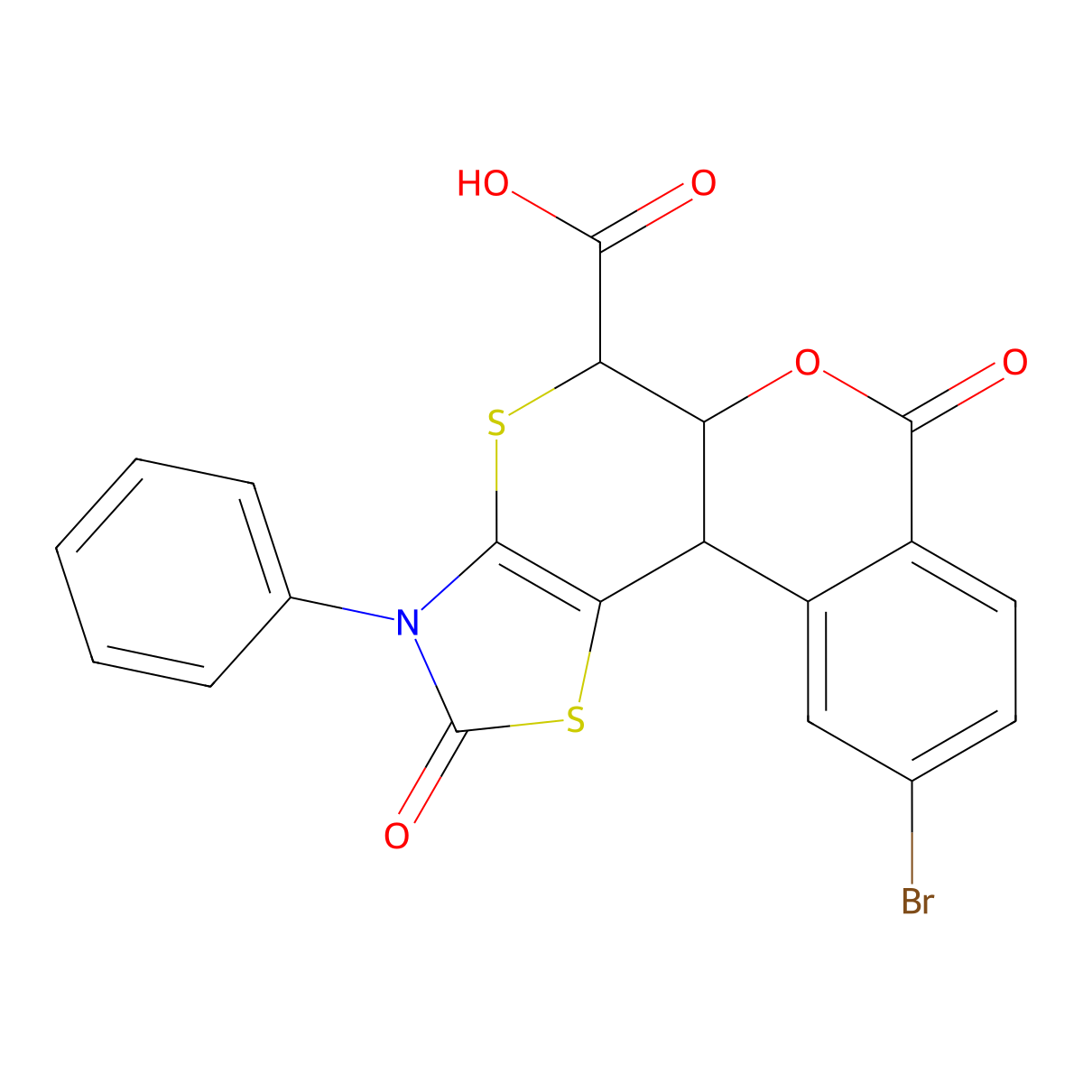 10-Bromo-2,7-dioxo-3-phenyl-2,3,5,5a,7,11b-hexahydroisochromeno[4',3':4,5]thiopyrano[2,3-d][1,3]thiazole-5-carboxylic acid molecular structure, CAS 1177108-98-3