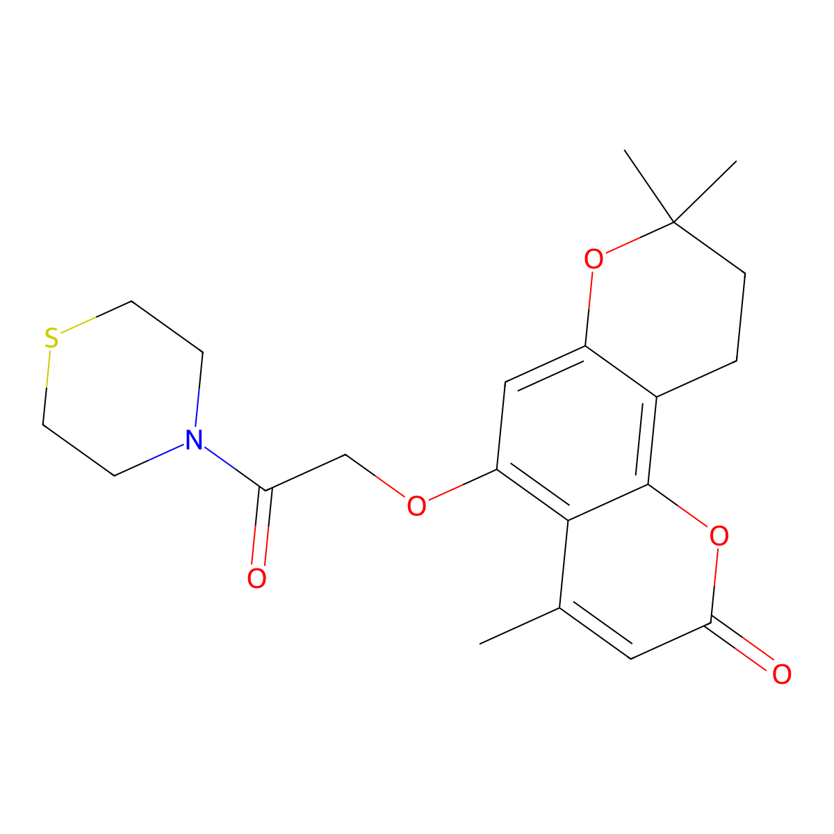 4,8,8-trimethyl-5-[2-oxo-2-(thiomorpholin-4-yl)ethoxy]-9,10-dihydro-2H,8H-pyrano[2,3-f]chromen-2-one molecular structure, CAS 1177228-40-8
