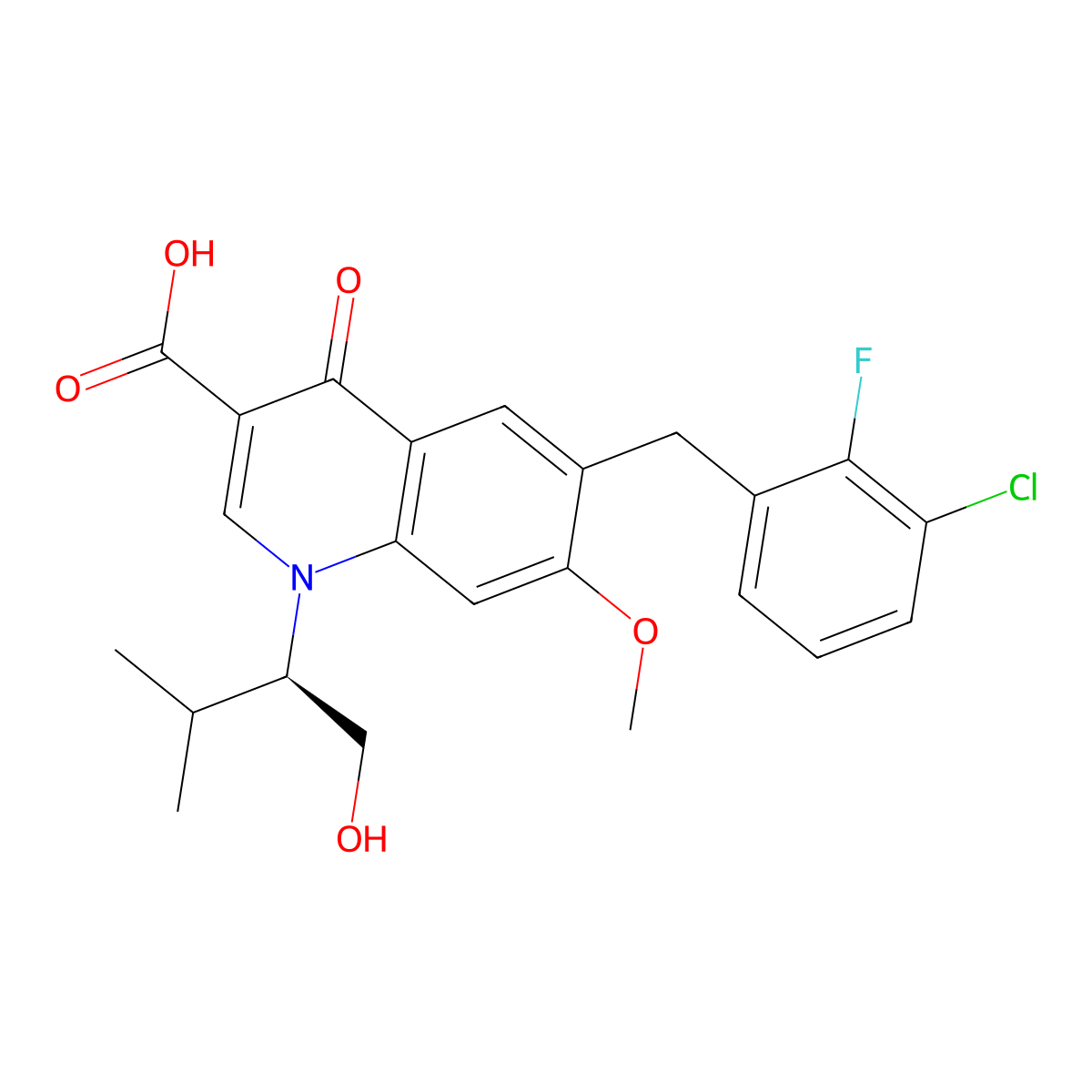 (R)-6-(3-chloro-2-fluorobenzyl)-1-(1-hydroxy-3-methylbutan-2-yl)-7-methoxy-4-oxo-1,4-dihydroquinoline-3-carboxylic acid molecular structure, CAS 1177256-05-1