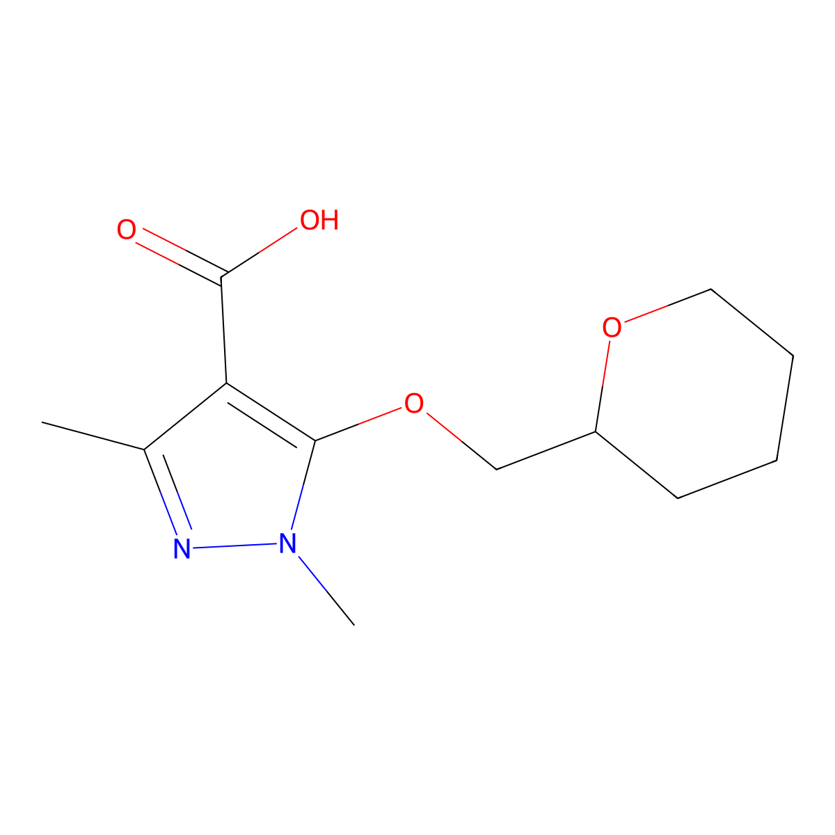 1,3-dimethyl-5-(oxan-2-ylmethoxy)-1H-pyrazole-4-carboxylic acid molecular structure, CAS 1177279-41-2