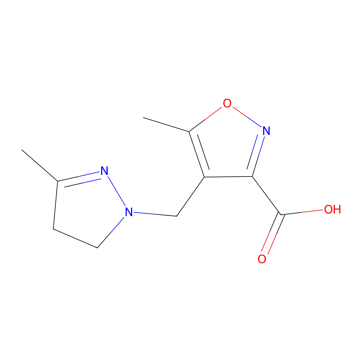 5-methyl-4-[(3-methyl-4,5-dihydro-1H-pyrazol-1-yl)methyl]-1,2-oxazole-3-carboxylic acid molecular structure, CAS 1177280-25-9