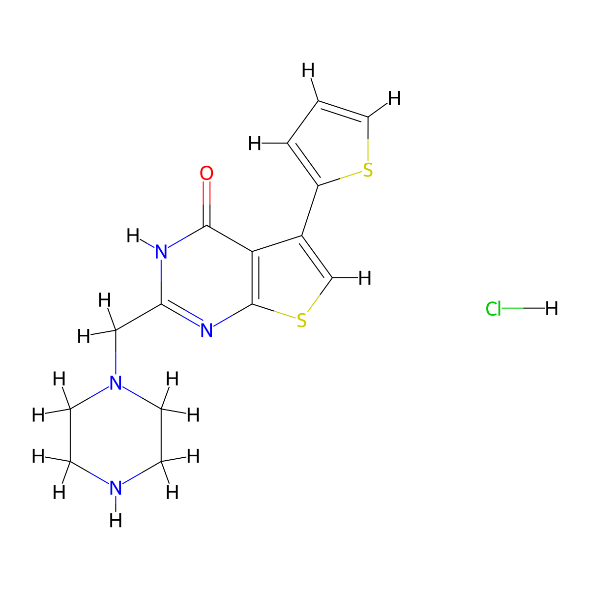 2-(Piperazin-1-ylmethyl)-5-(thiophen-2-yl)thieno[2,3-d]pyrimidin-4(3H)-one hydrochloride molecular structure, CAS 1177326-51-0