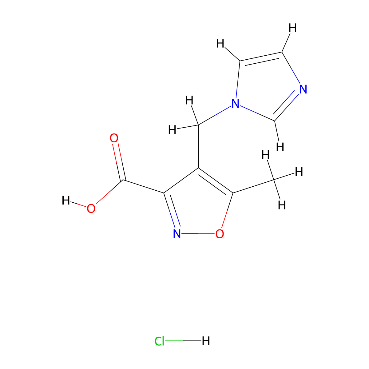 3-Isoxazolecarboxylic acid, 4-(1h-imidazol-1-ylmethyl)-5-methyl, HCl molecular structure, CAS 1177339-58-0