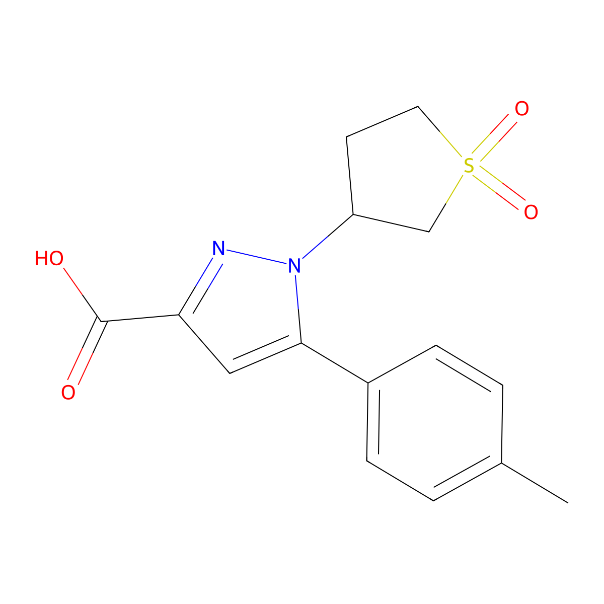1-(1,1-dioxidotetrahydrothiophen-3-yl)-5-(p-tolyl)-1H-pyrazole-3-carboxylic acid molecular structure, CAS 1177346-82-5