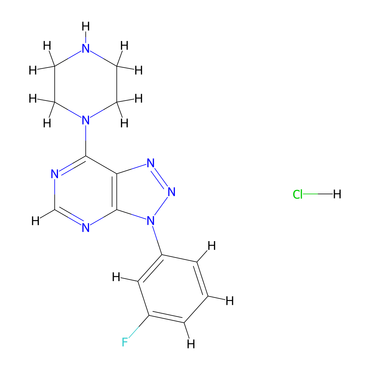 3-(3-fluorophenyl)-7-piperazin-1-yl-3H-[1,2,3]triazolo[4,5-d]pyrimidine hydrochloride molecular structure, CAS 1177349-25-5
