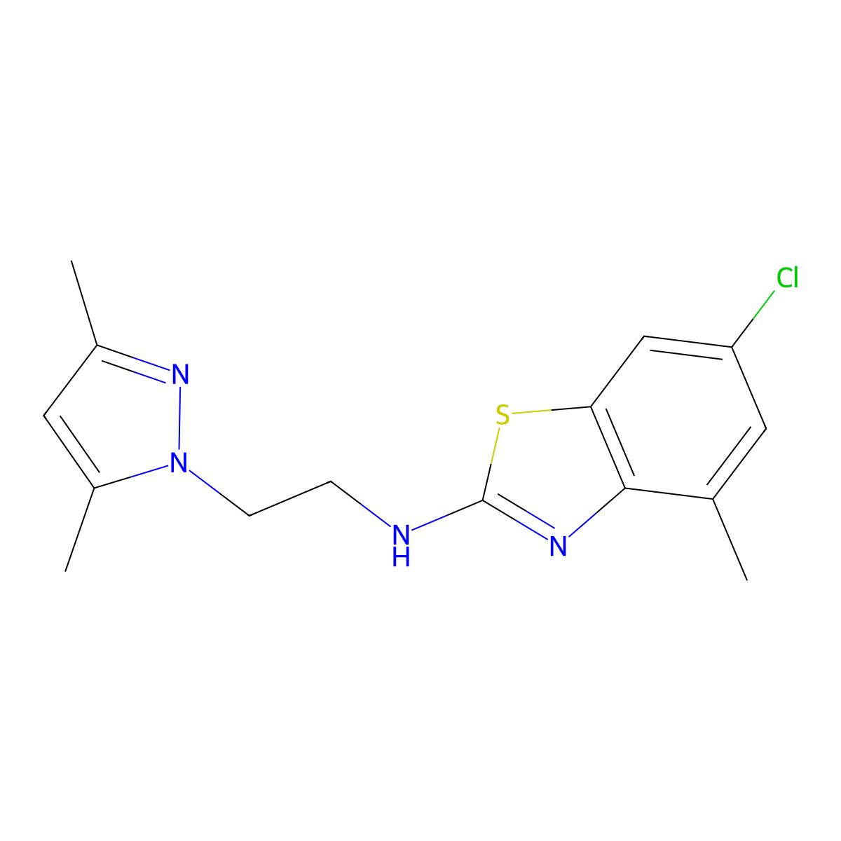 6-chloro-N-(2-(3,5-dimethyl-1H-pyrazol-1-yl)ethyl)-4-methylbenzo[d]thiazol-2-amine molecular structure, CAS 1177349-71-1