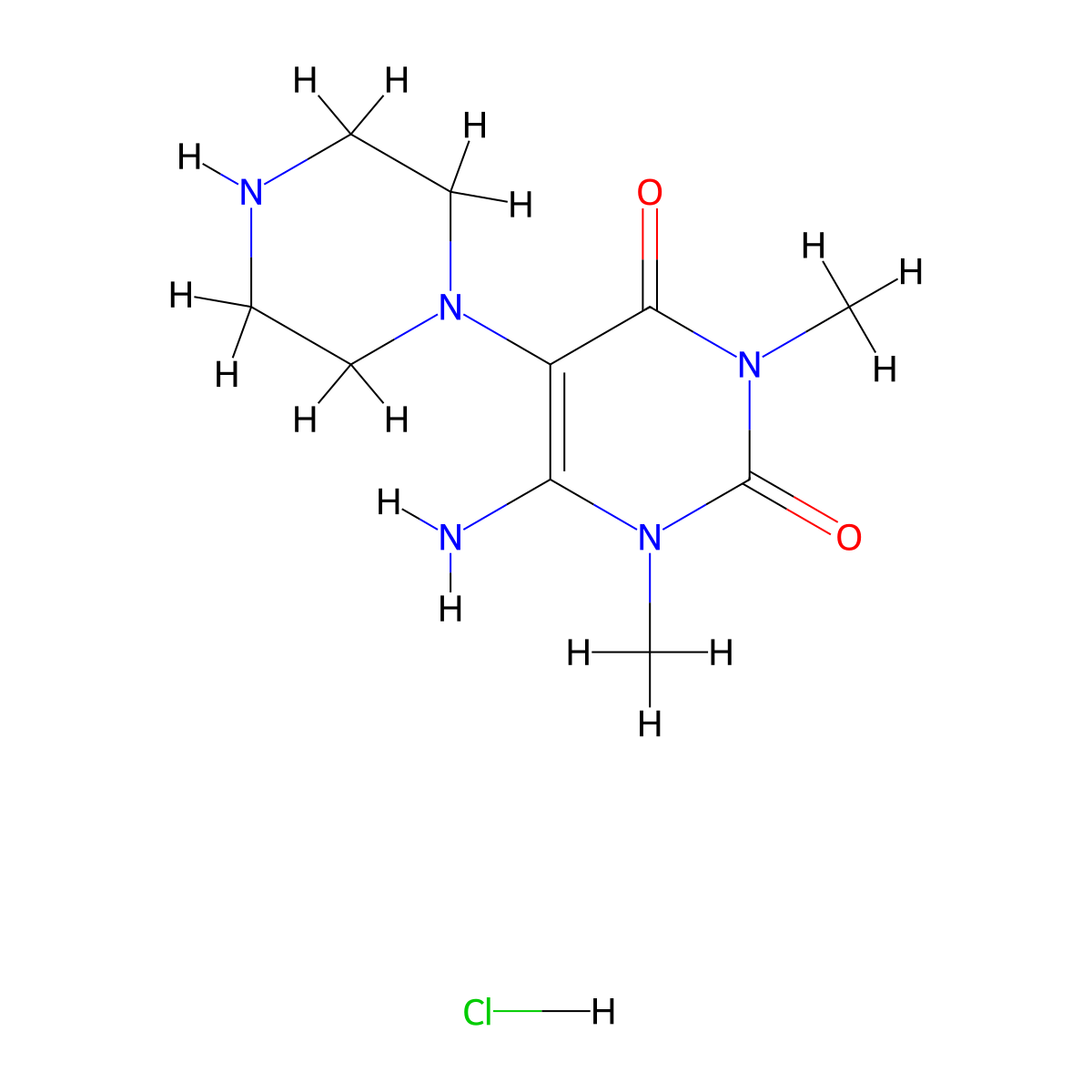 6-amino-1,3-dimethyl-5-piperazin-1-ylpyrimidine-2,4(1H,3H)-dione hydrochloride molecular structure, CAS 1177356-49-8