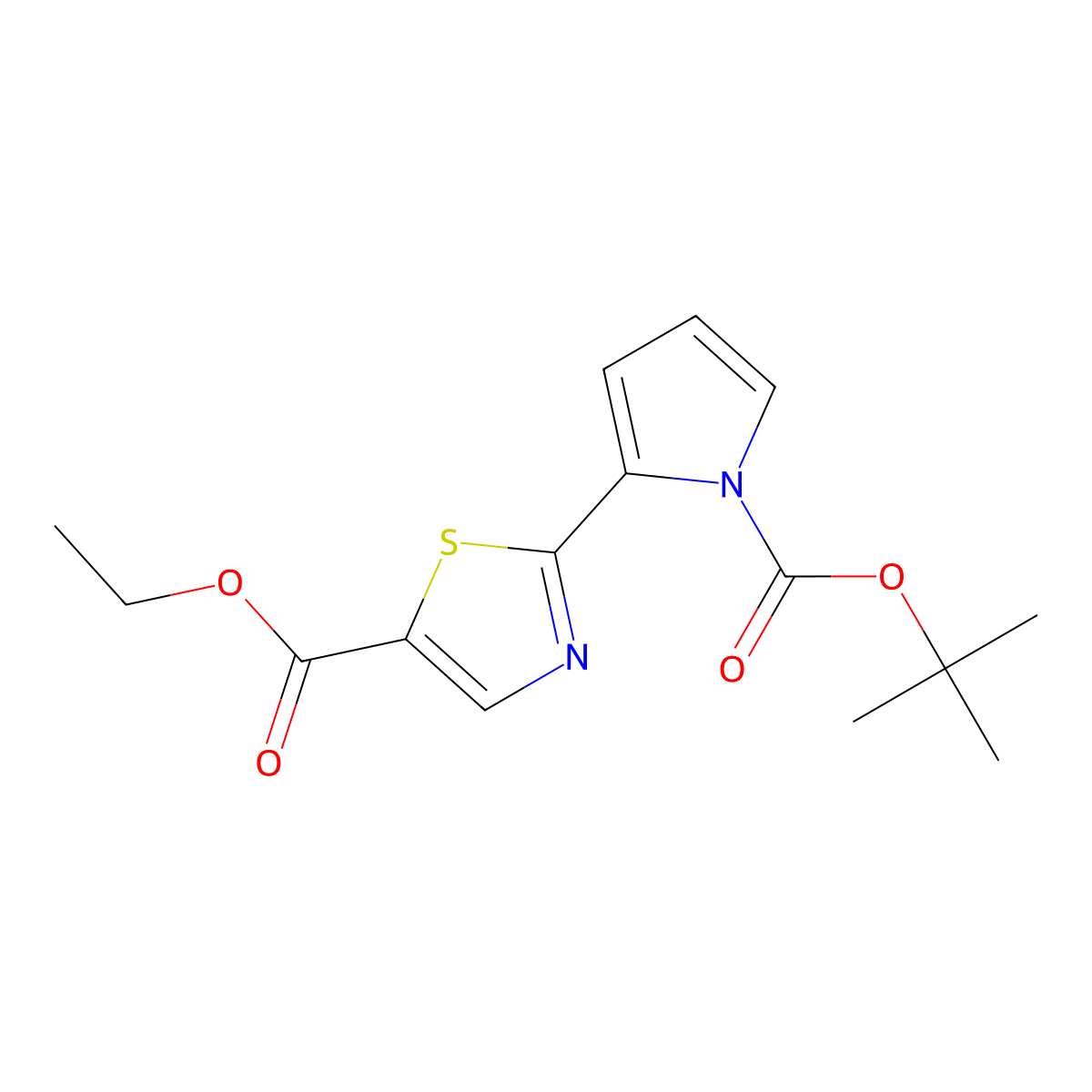 Ethyl 2-[1-(t-butoxycarbonyl)-1H-pyrrol-2-yl]-1,3-thiazole-5-carboxylate molecular structure, CAS 1177420-20-0