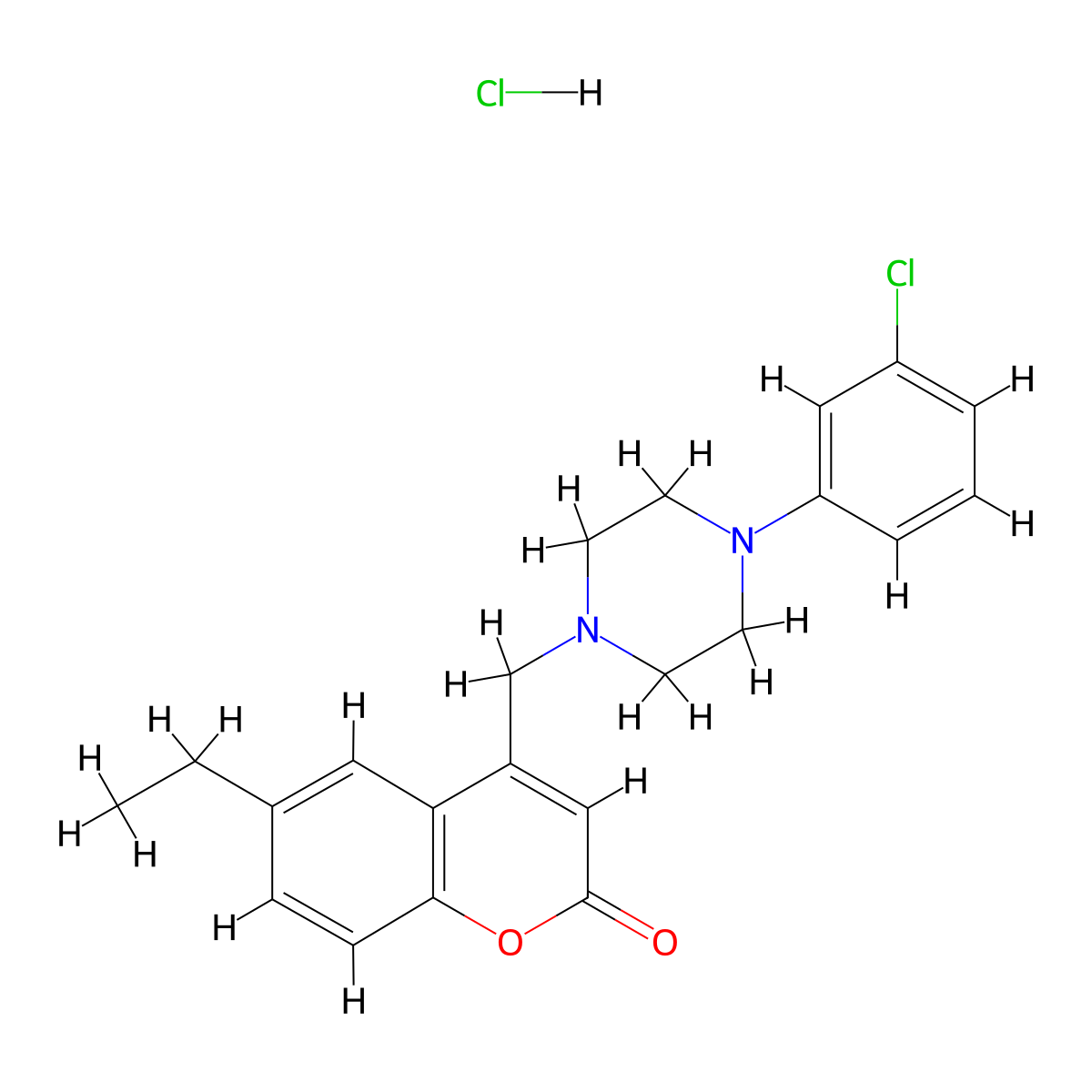 4-((4-(3-chlorophenyl)piperazin-1-yl)methyl)-6-ethyl-2H-chromen-2-one hydrochloride molecular structure, CAS 1177436-90-6