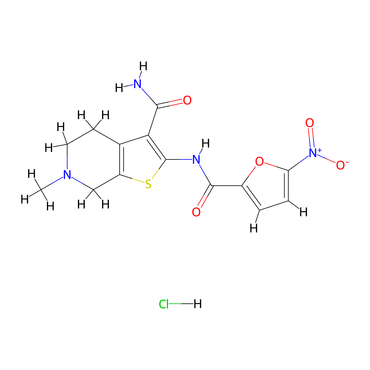 6-Methyl-2-(5-nitrofuran-2-carboxamido)-4,5,6,7-tetrahydrothieno[2,3-c]pyridine-3-carboxamide hydrochloride molecular structure, CAS 1177444-66-4