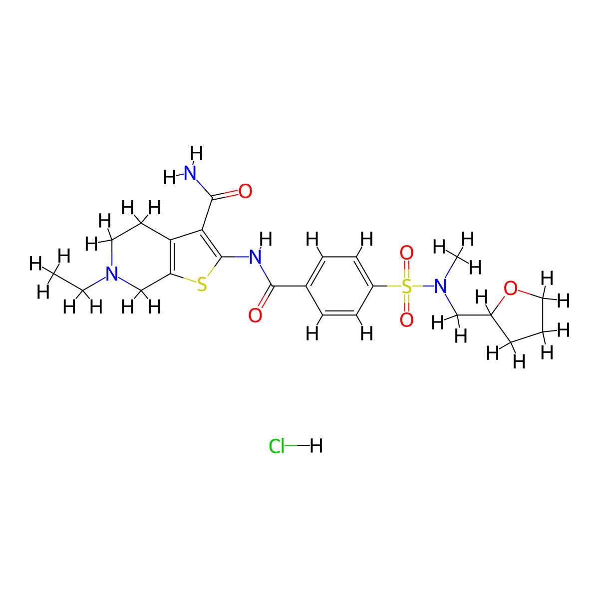 6-ethyl-2-(4-(N-methyl-N-((tetrahydrofuran-2-yl)methyl)sulfamoyl)benzamido)-4,5,6,7-tetrahydrothieno[2,3-c]pyridine-3-carboxamide hydrochloride molecular structure, CAS 1177480-44-2