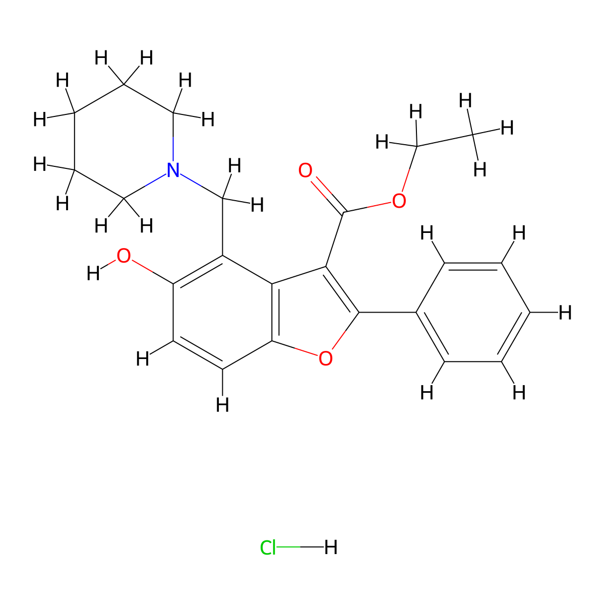 Ethyl 5-hydroxy-2-phenyl-4-(piperidin-1-ylmethyl)benzofuran-3-carboxylate hydrochloride molecular structure, CAS 1177509-11-3