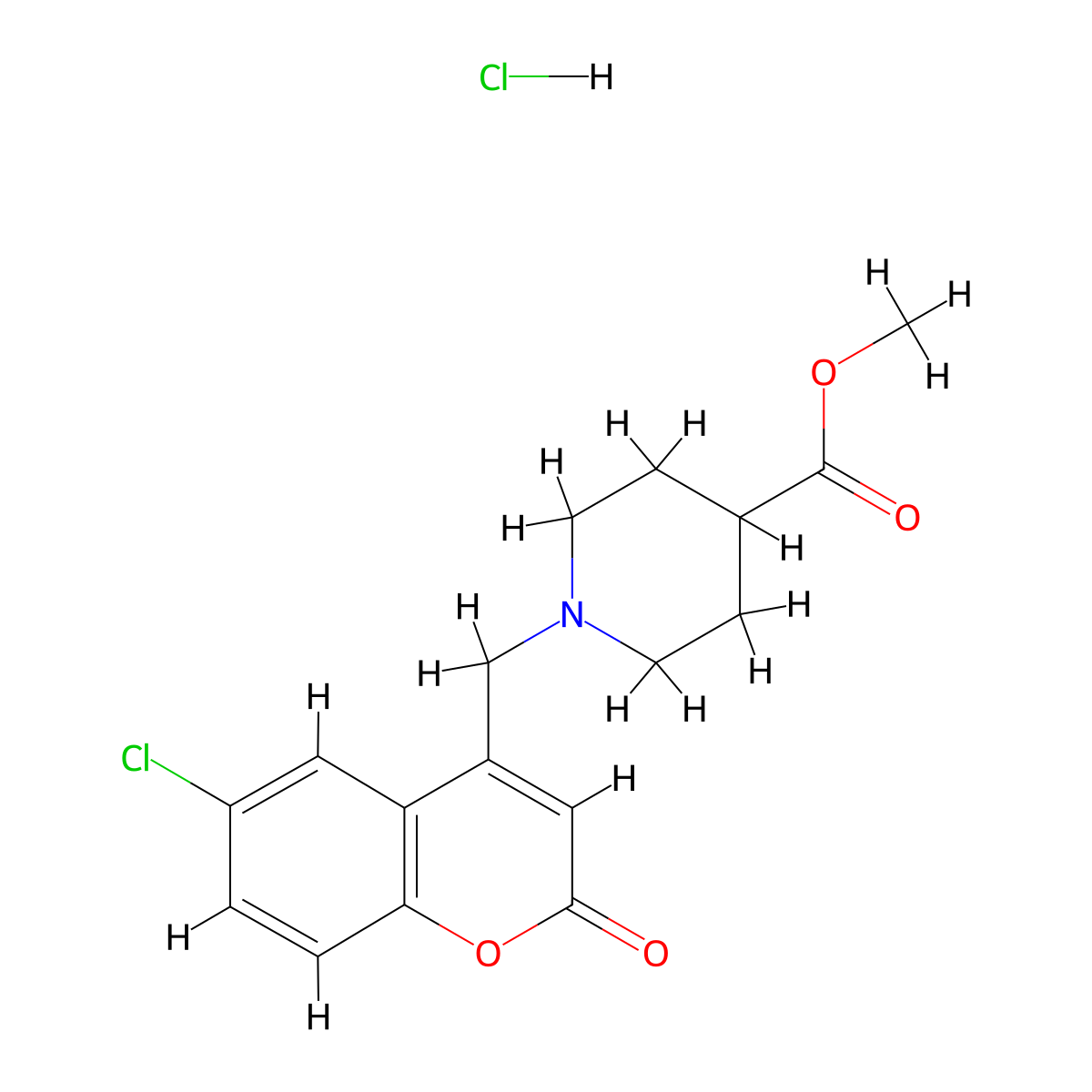 methyl 1-[(6-chloro-2-oxo-2H-chromen-4-yl)methyl]piperidine-4-carboxylate hydrochloride molecular structure, CAS 1177584-98-3