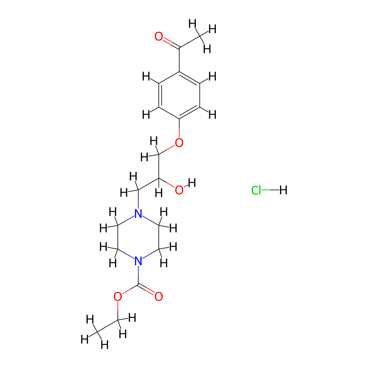 Ethyl 4-(3-(4-acetylphenoxy)-2-hydroxypropyl)piperazine-1-carboxylate hydrochloride molecular structure, CAS 1177607-46-3