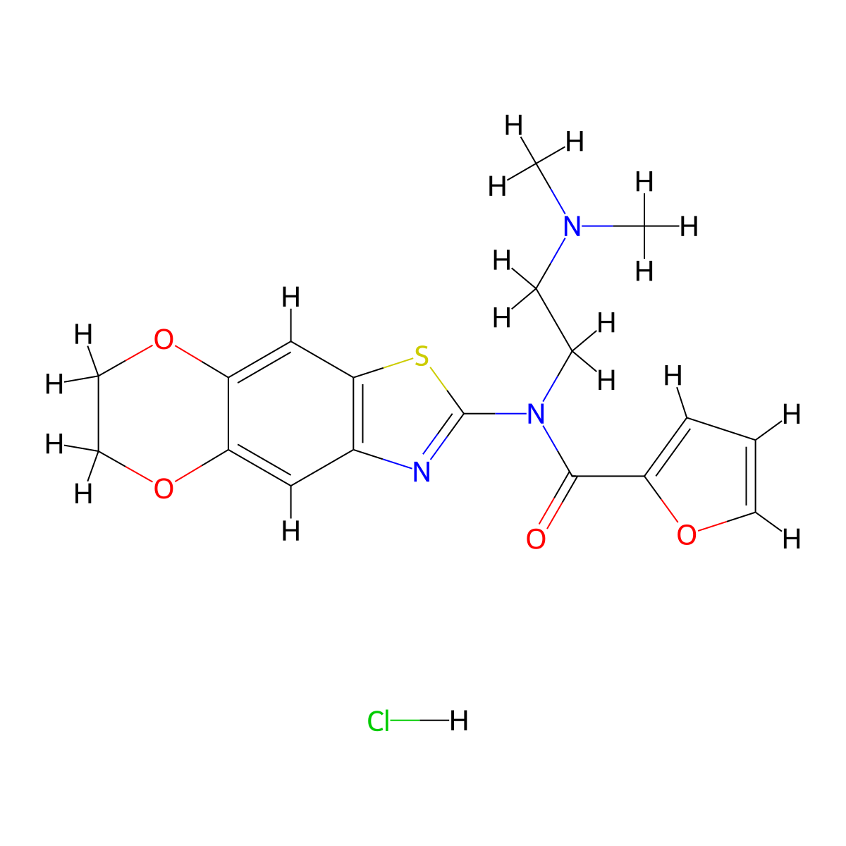 N-(6,7-dihydro-[1,4]dioxino[2',3':4,5]benzo[1,2-d]thiazol-2-yl)-N-(2-(dimethylamino)ethyl)furan-2-carboxamide hydrochloride molecular structure, CAS 1177638-33-3