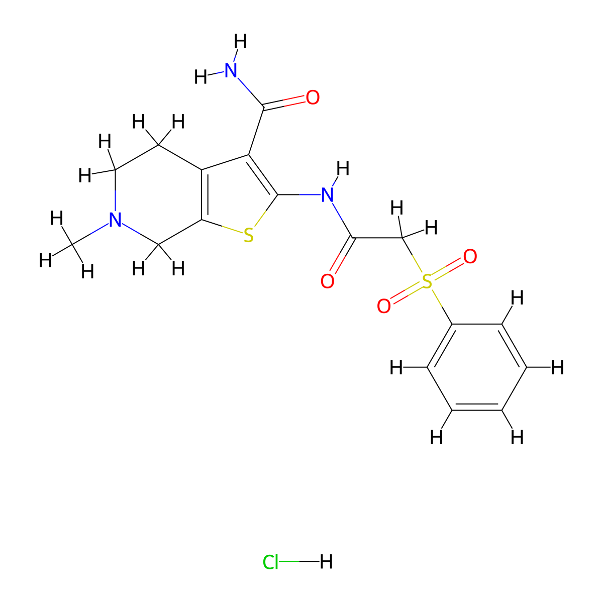 6-Methyl-2-(2-(phenylsulfonyl)acetamido)-4,5,6,7-tetrahydrothieno[2,3-c]pyridine-3-carboxamide hydrochloride molecular structure, CAS 1177653-78-9