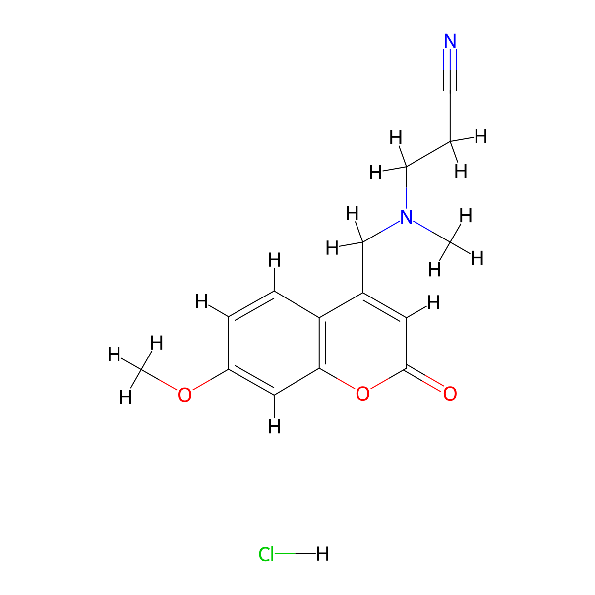 3-(((7-methoxy-2-oxo-2H-chromen-4-yl)methyl)(methyl)amino)propanenitrile hydrochloride molecular structure, CAS 1177669-50-9