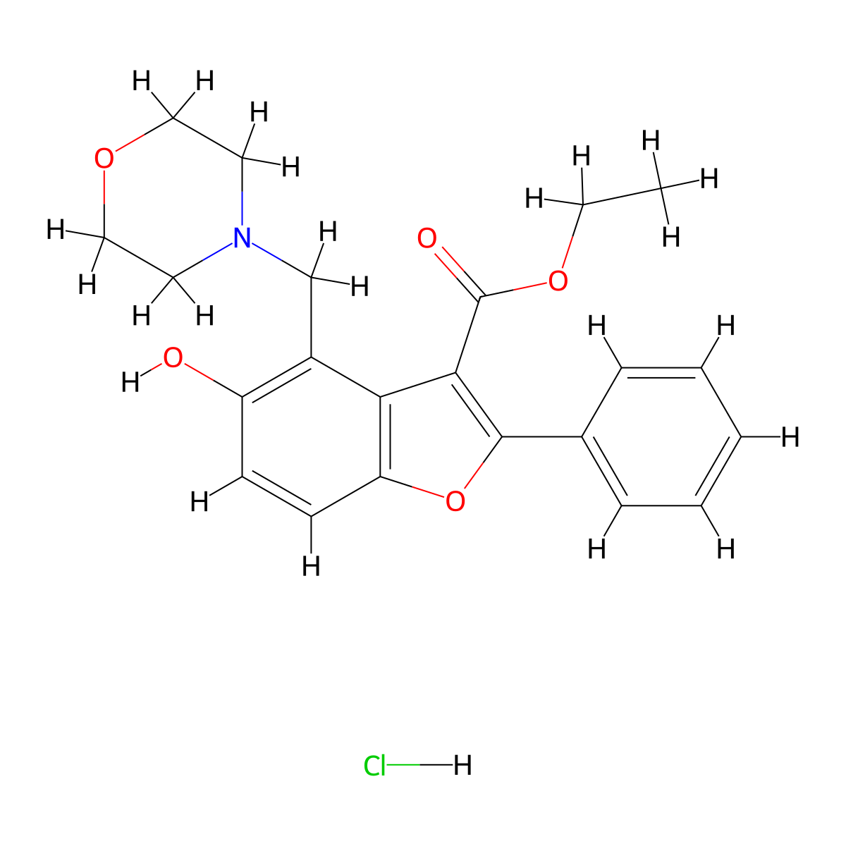 Ethyl 5-hydroxy-4-[(morpholin-4-yl)methyl]-2-phenyl-1-benzofuran-3-carboxylate hydrochloride molecular structure, CAS 1177723-89-5