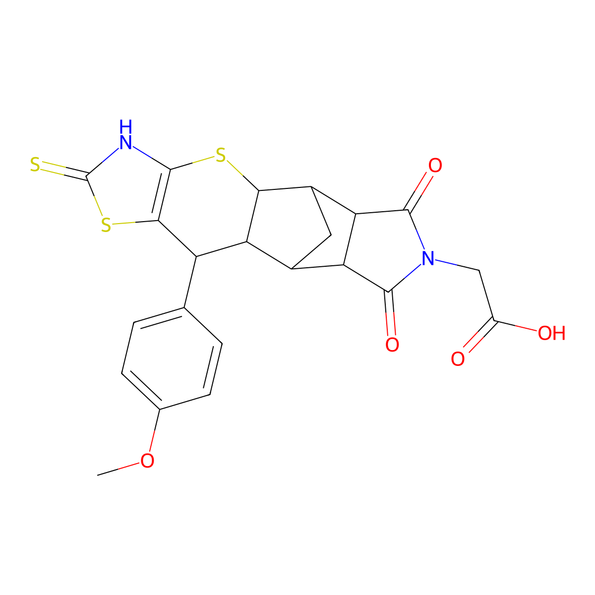 2-(10-(4-methoxyphenyl)-6,8-dioxo-2-thioxo-2,3,4a,5,5a,6,8a,9,9a,10-decahydro-5,9-methanothiazolo[5',4':5,6]thiopyrano[2,3-f]isoindol-7(8H)-yl)acetic acid molecular structure, CAS 1177730-34-5