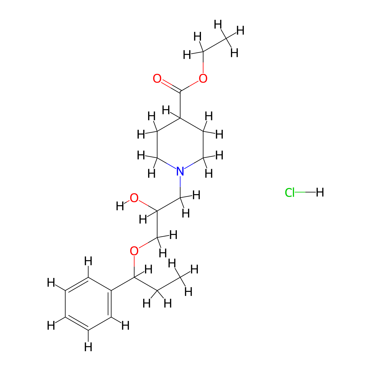 Ethyl 1-(2-hydroxy-3-(1-phenylpropoxy)propyl)piperidine-4-carboxylate hydrochloride molecular structure, CAS 1177737-16-4