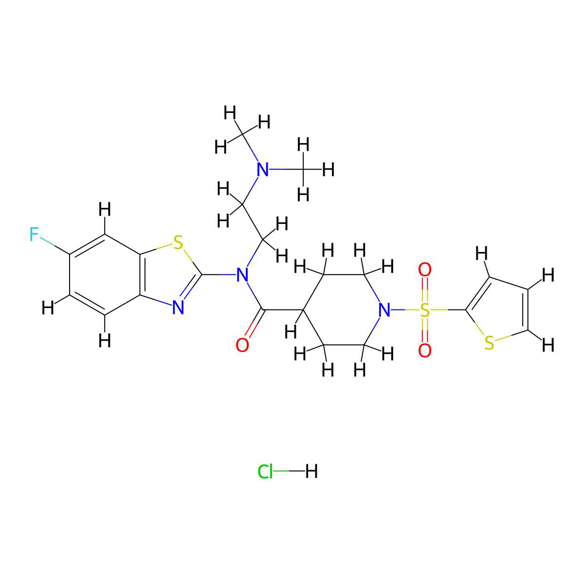 N-(2-(dimethylamino)ethyl)-N-(6-fluorobenzo[d]thiazol-2-yl)-1-(thiophen-2-ylsulfonyl)piperidine-4-carboxamide hydrochloride molecular structure, CAS 1177738-61-2