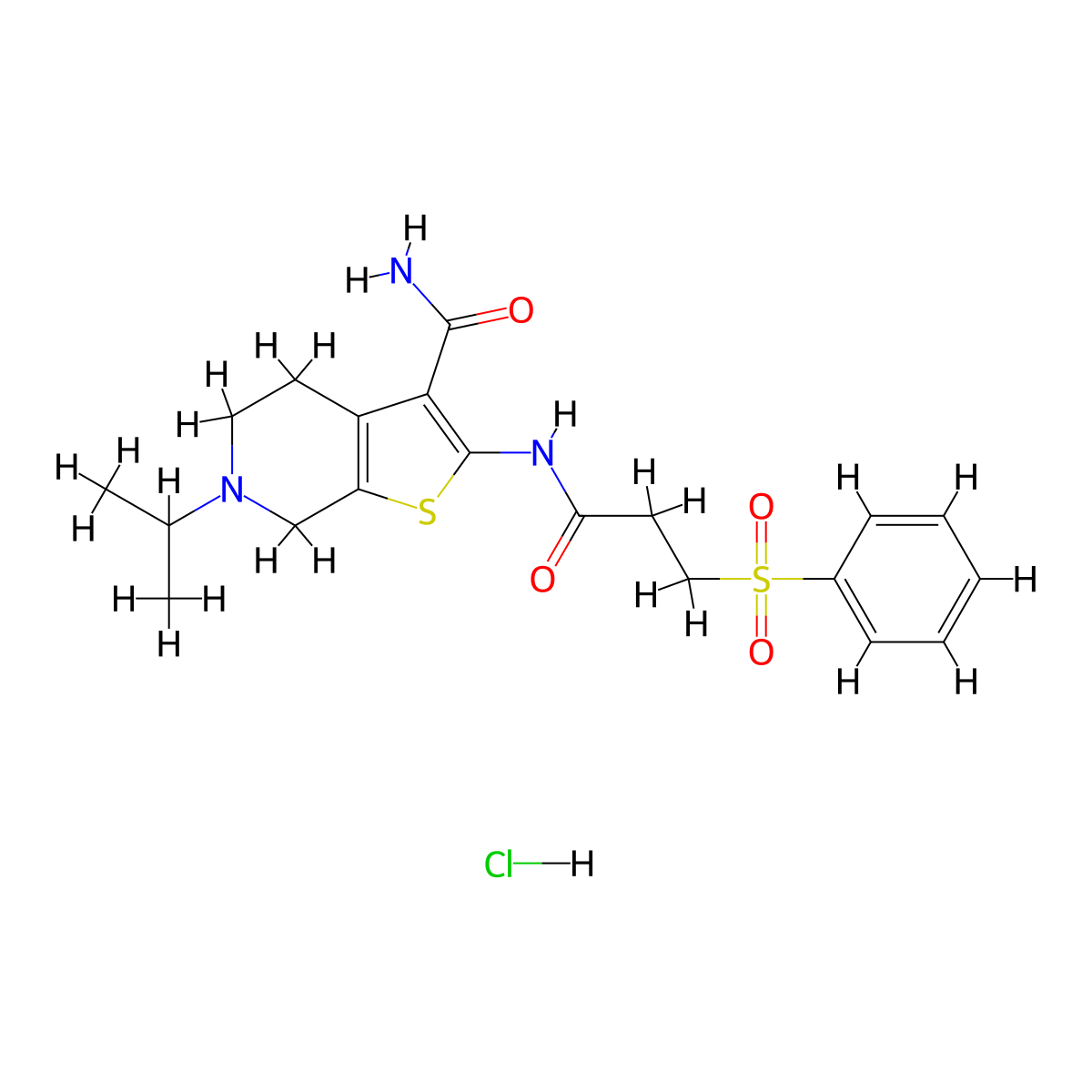 6-Isopropyl-2-(3-(phenylsulfonyl)propanamido)-4,5,6,7-tetrahydrothieno[2,3-c]pyridine-3-carboxamide hydrochloride molecular structure, CAS 1177796-14-3