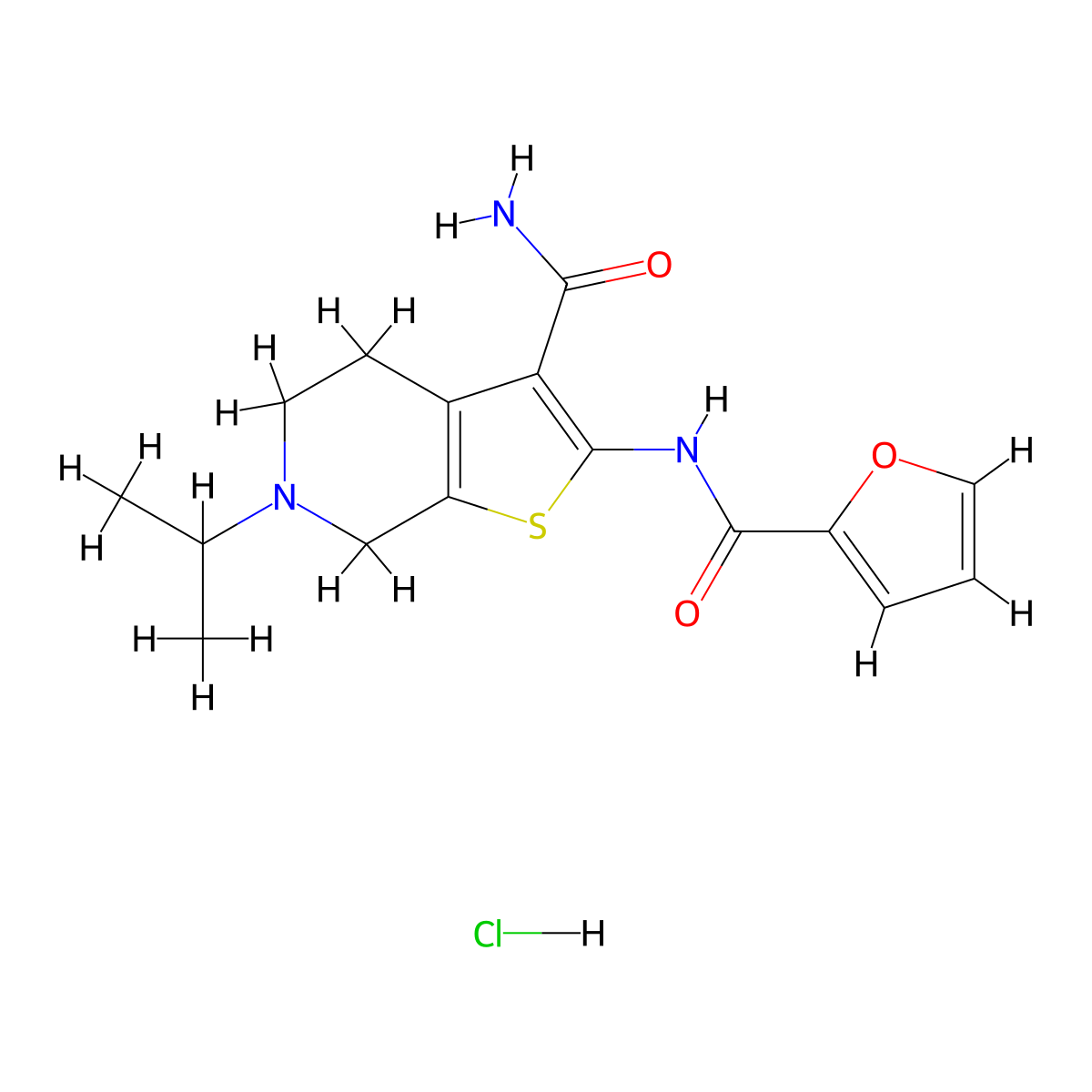 2-(Furan-2-carboxamido)-6-isopropyl-4,5,6,7-tetrahydrothieno[2,3-c]pyridine-3-carboxamide hydrochloride molecular structure, CAS 1177807-41-8