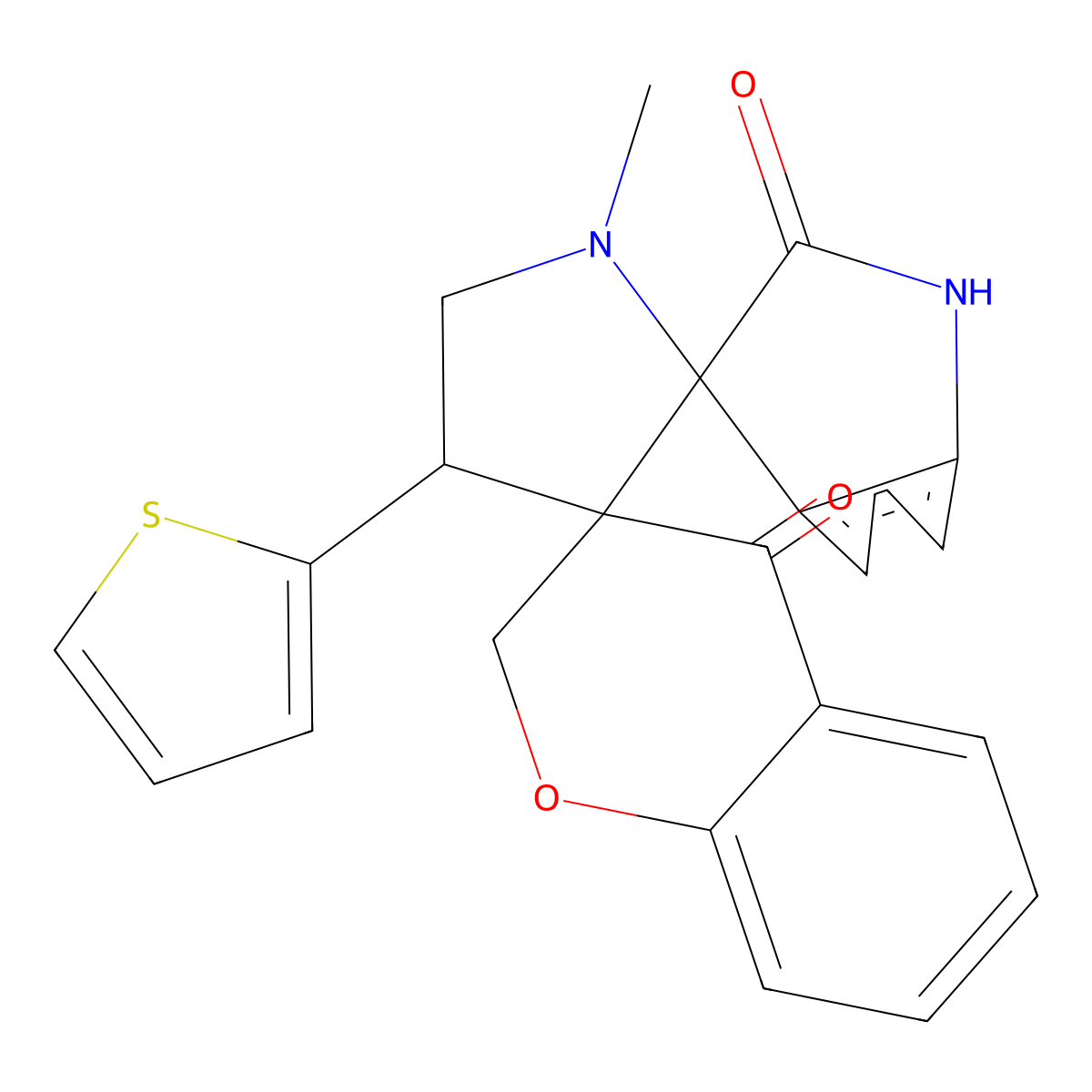 1'-Methyl-4'-(thiophen-2-yl)-1'',2,2'',4-tetrahydrodispiro[1-benzopyran-3,3'-pyrrolidine-2',3''-indole]-2'',4-dione molecular structure, CAS 1177830-54-4
