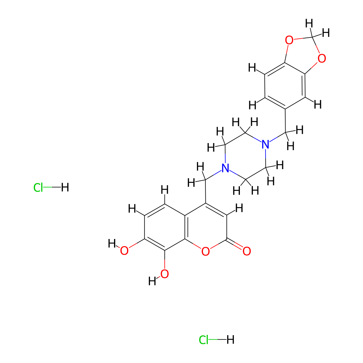 4-((4-(benzo[d][1,3]dioxol-5-ylmethyl)piperazin-1-yl)methyl)-7,8-dihydroxy-2H-chromen-2-one dihydrochloride molecular structure, CAS 1177861-22-1