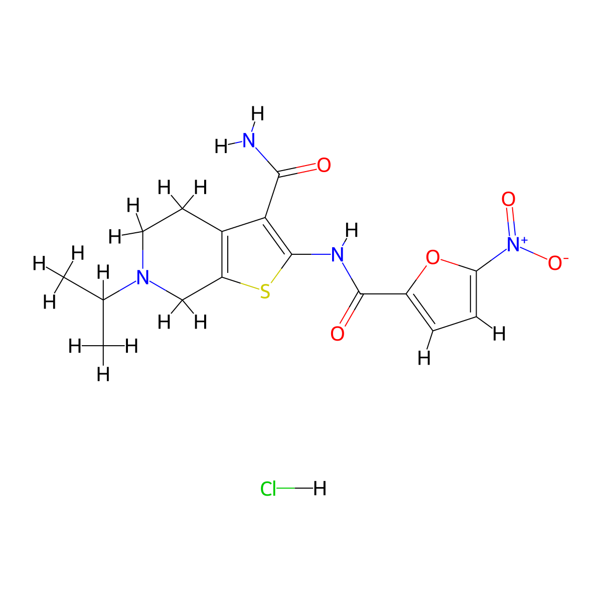 6-Isopropyl-2-(5-nitrofuran-2-carboxamido)-4,5,6,7-tetrahydrothieno[2,3-c]pyridine-3-carboxamide hydrochloride molecular structure, CAS 1177882-31-3