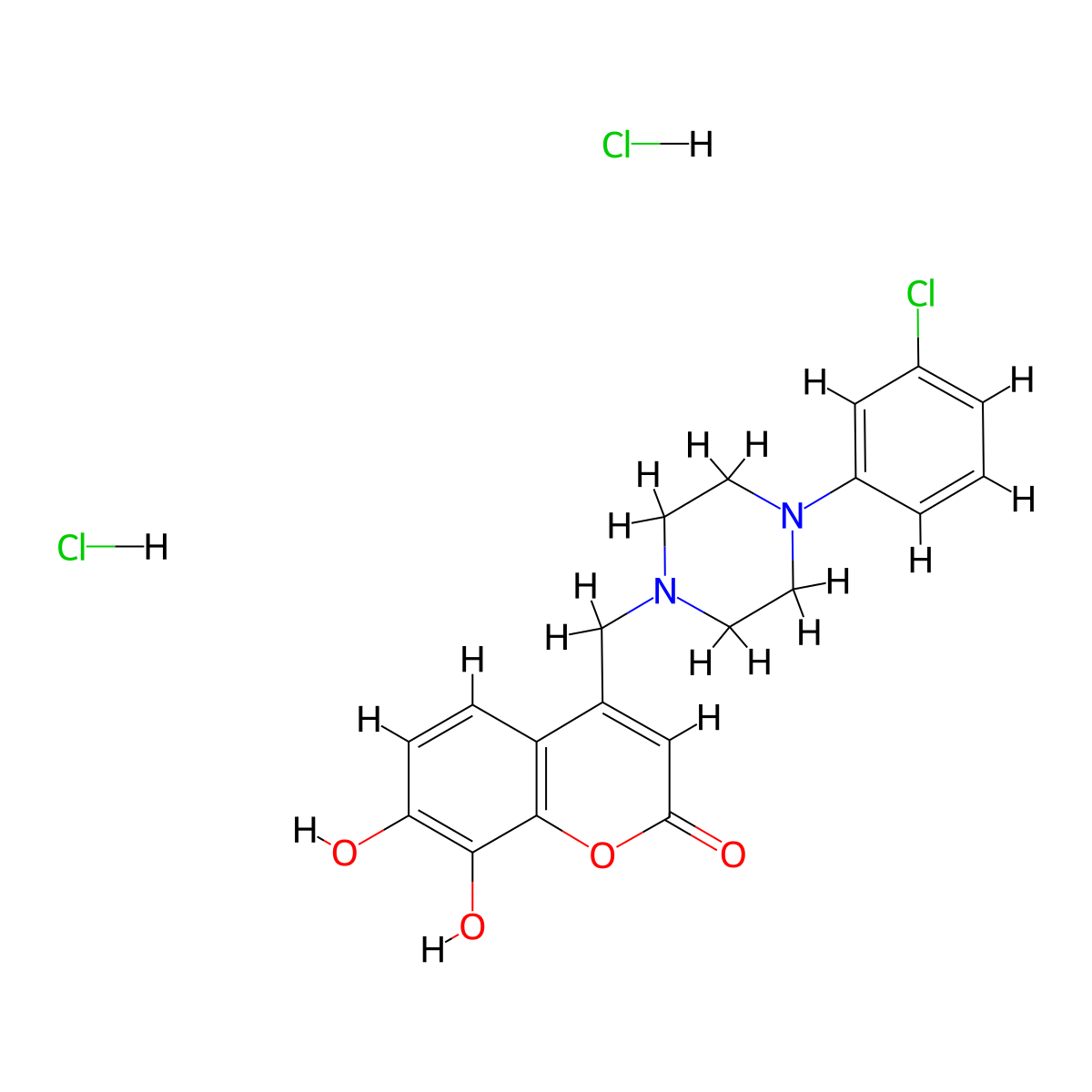 4-((4-(3-chlorophenyl)piperazin-1-yl)methyl)-7,8-dihydroxy-2H-chromen-2-one dihydrochloride molecular structure, CAS 1177926-15-6