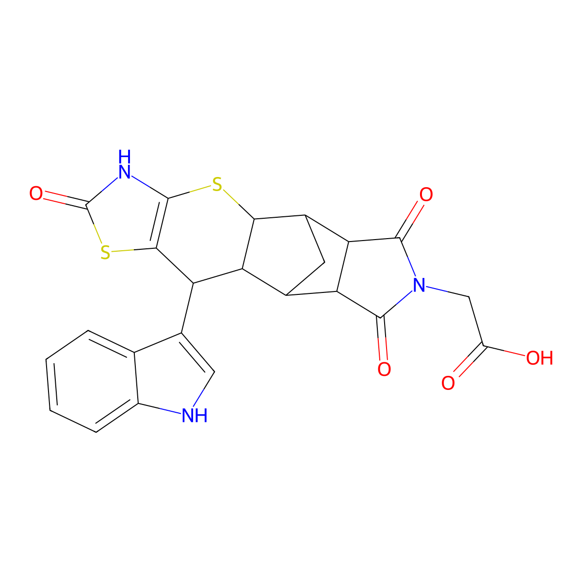 2-[9-(1H-indol-3-yl)-6,13,15-trioxo-3,7-dithia-5,14-diazapentacyclo[9.5.1.0^{2,10}.0^{4,8}.0^{12,16}]heptadec-4(8)-en-14-yl]acetic acid molecular structure, CAS 1177944-51-2