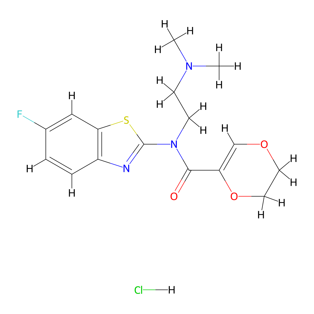 N-(2-(dimethylamino)ethyl)-N-(6-fluorobenzo[d]thiazol-2-yl)-5,6-dihydro-1,4-dioxine-2-carboxamide hydrochloride molecular structure, CAS 1177990-99-6