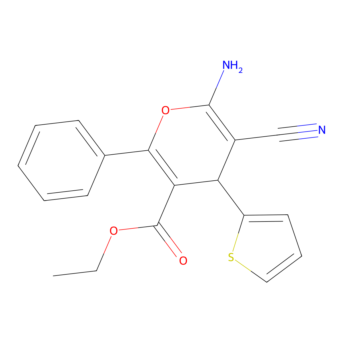 ethyl 6-amino-5-cyano-2-phenyl-4-(2-thienyl)-4H-pyran-3-carboxylate molecular structure, CAS 117833-11-1