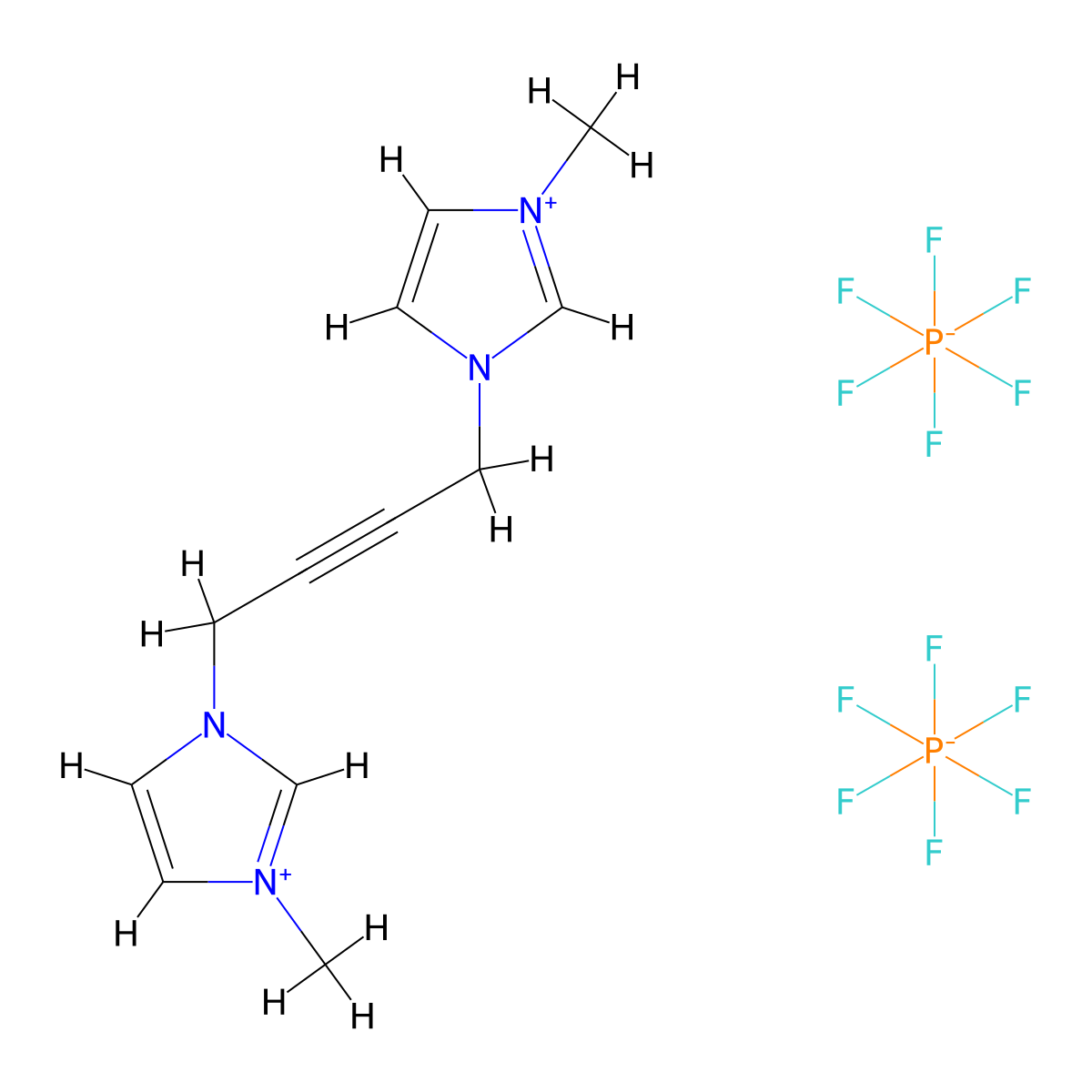 Mono(3,3'-(but-2-yne-1,4-diyl)bis(1-methyl-1H-imidazol-3-ium)) mono(hexafluorophosphate(V)) molecular structure, CAS 1178556-06-3