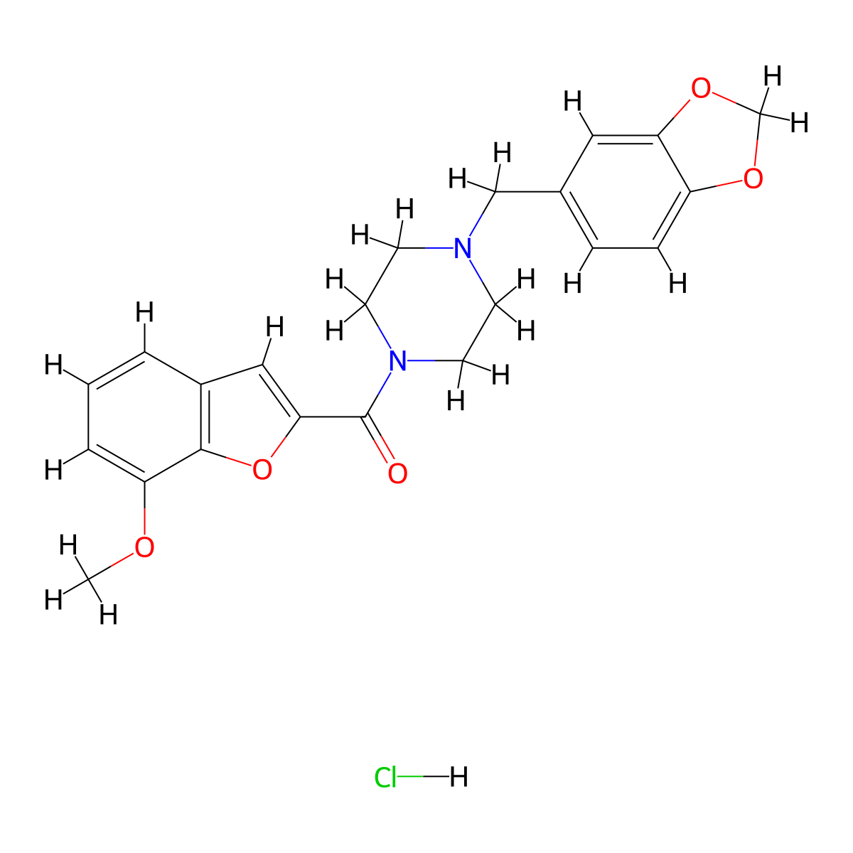 (4-(Benzo[d][1,3]dioxol-5-ylmethyl)piperazin-1-yl)(7-methoxybenzofuran-2-yl)methanone hydrochloride molecular structure, CAS 1179366-72-3