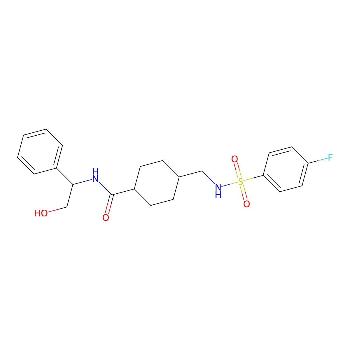 4-(((4-Fluorophenyl)sulfonamido)methyl)-N-(2-hydroxy-1-phenylethyl)cyclohexane-1-carboxamide molecular structure, CAS 1179377-02-6