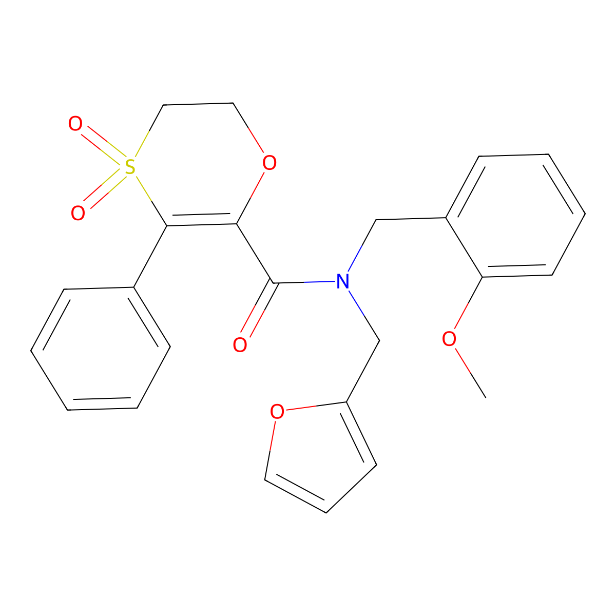 N-(furan-2-ylmethyl)-N-(2-methoxybenzyl)-3-phenyl-5,6-dihydro-1,4-oxathiine-2-carboxamide 4,4-dioxide molecular structure, CAS 1179379-20-4