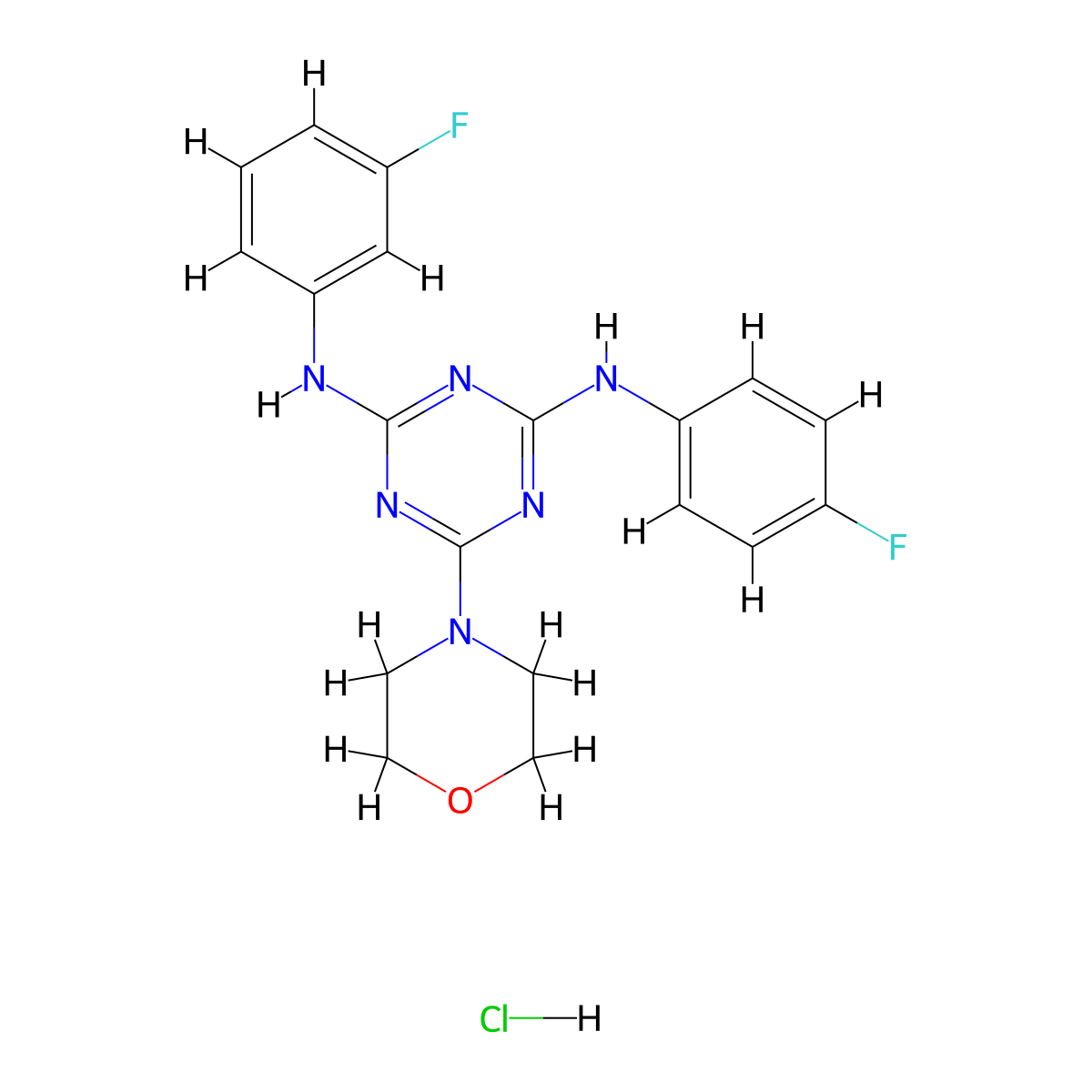 N2-(3-fluorophenyl)-N4-(4-fluorophenyl)-6-morpholino-1,3,5-triazine-2,4-diamine hydrochloride molecular structure, CAS 1179379-69-1