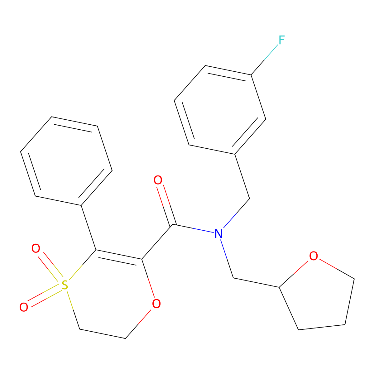 N-(3-fluorobenzyl)-3-phenyl-N-(tetrahydrofuran-2-ylmethyl)-5,6-dihydro-1,4-oxathiine-2-carboxamide 4,4-dioxide molecular structure, CAS 1179384-42-9