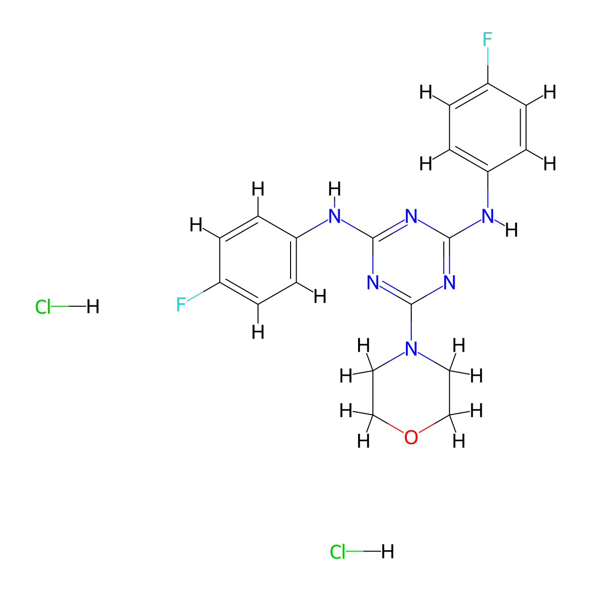 N2,N4-bis(4-fluorophenyl)-6-morpholino-1,3,5-triazine-2,4-diamine dihydrochloride molecular structure, CAS 1179386-56-1