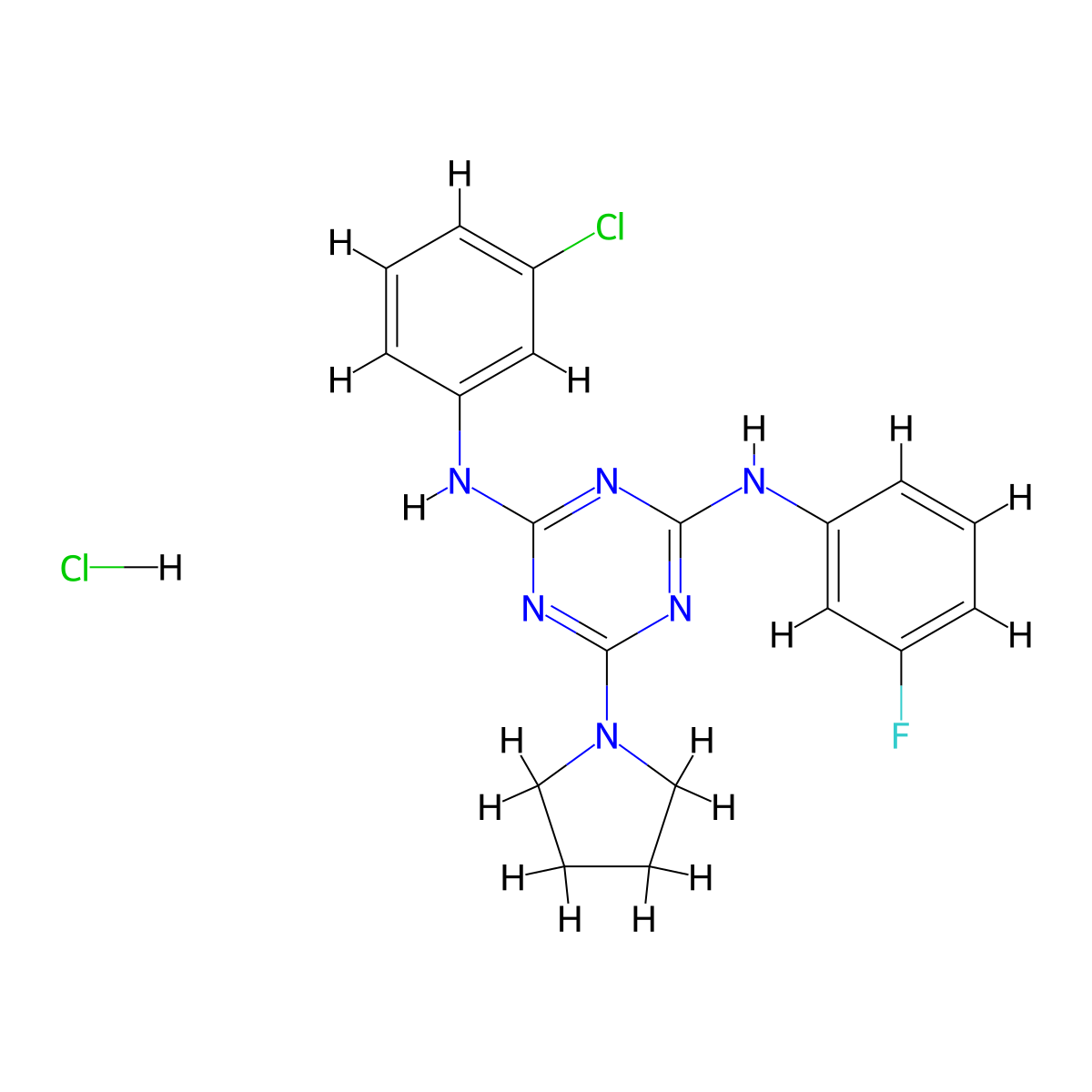 N2-(3-chlorophenyl)-N4-(3-fluorophenyl)-6-(pyrrolidin-1-yl)-1,3,5-triazine-2,4-diamine hydrochloride molecular structure, CAS 1179389-61-7