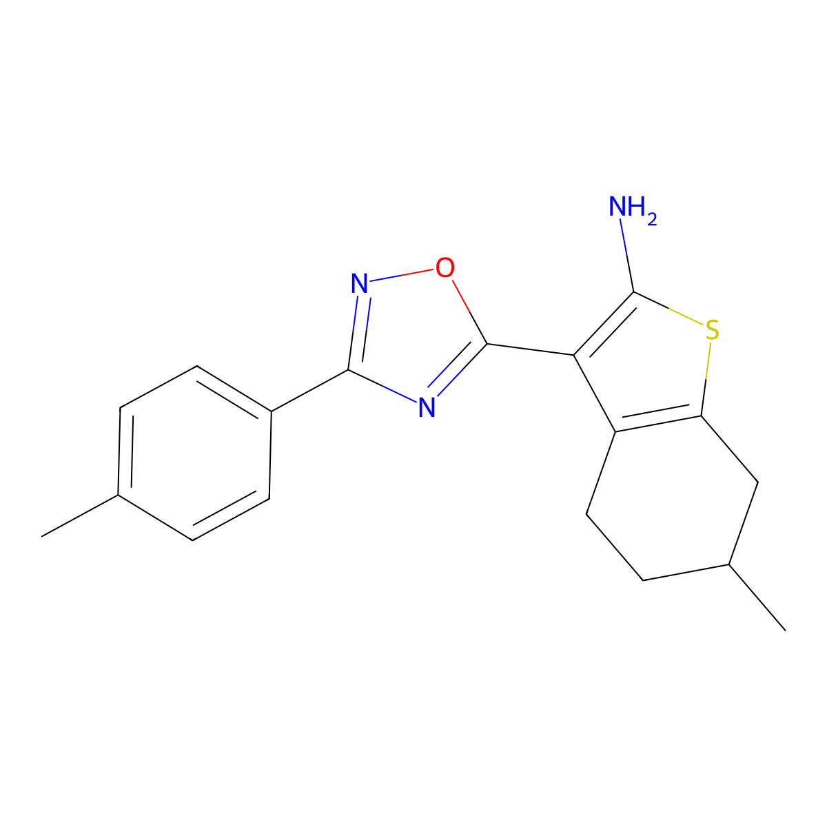 6-Methyl-3-[3-(4-methylphenyl)-1,2,4-oxadiazol-5-yl]-4,5,6,7-tetrahydro-1-benzothiophen-2-amine molecular structure, CAS 1179393-45-3