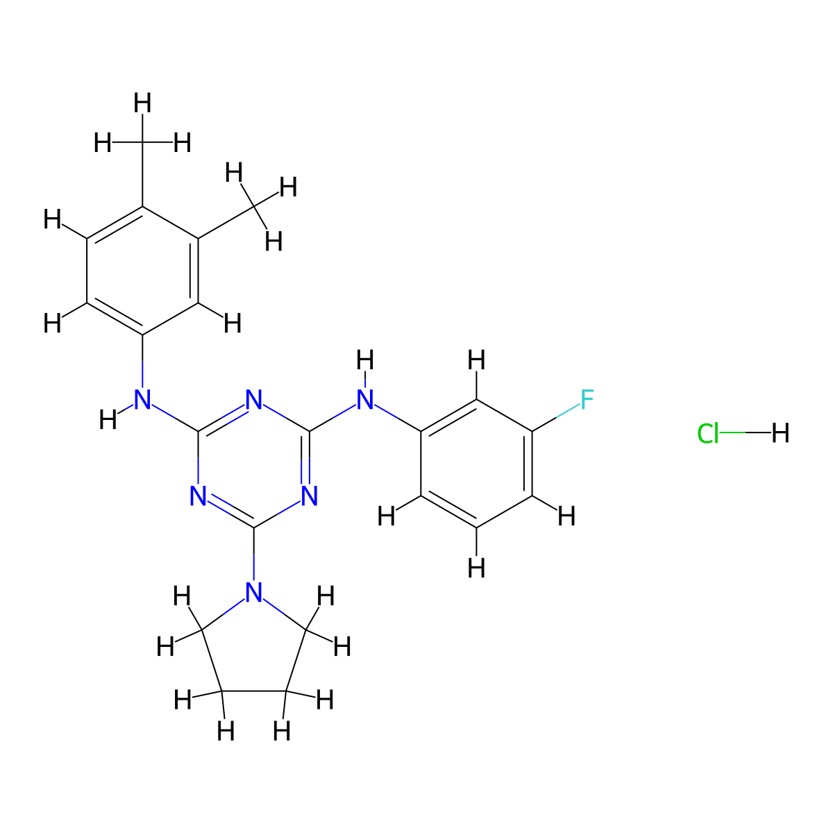 N2-(3,4-dimethylphenyl)-N4-(3-fluorophenyl)-6-(pyrrolidin-1-yl)-1,3,5-triazine-2,4-diamine hydrochloride molecular structure, CAS 1179394-44-5
