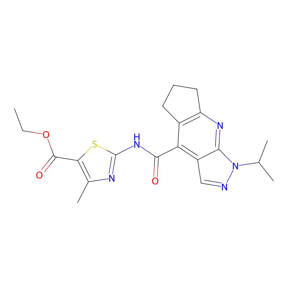 Ethyl 2-(1-isopropyl-1,5,6,7-tetrahydrocyclopenta[b]pyrazolo[4,3-e]pyridine-4-carboxamido)-4-methylthiazole-5-carboxylate molecular structure, CAS 1179395-87-9