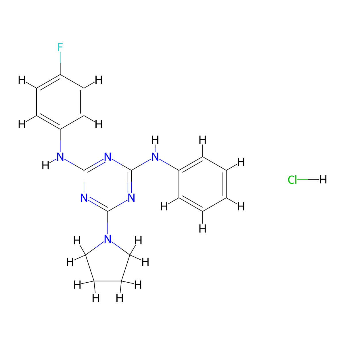 N2-(4-fluorophenyl)-N4-phenyl-6-(pyrrolidin-1-yl)-1,3,5-triazine-2,4-diamine hydrochloride molecular structure, CAS 1179400-60-2