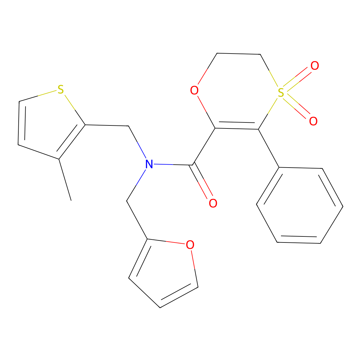 N-(furan-2-ylmethyl)-N-[(3-methylthiophen-2-yl)methyl]-3-phenyl-5,6-dihydro-1,4-oxathiine-2-carboxamide 4,4-dioxide molecular structure, CAS 1179403-96-3